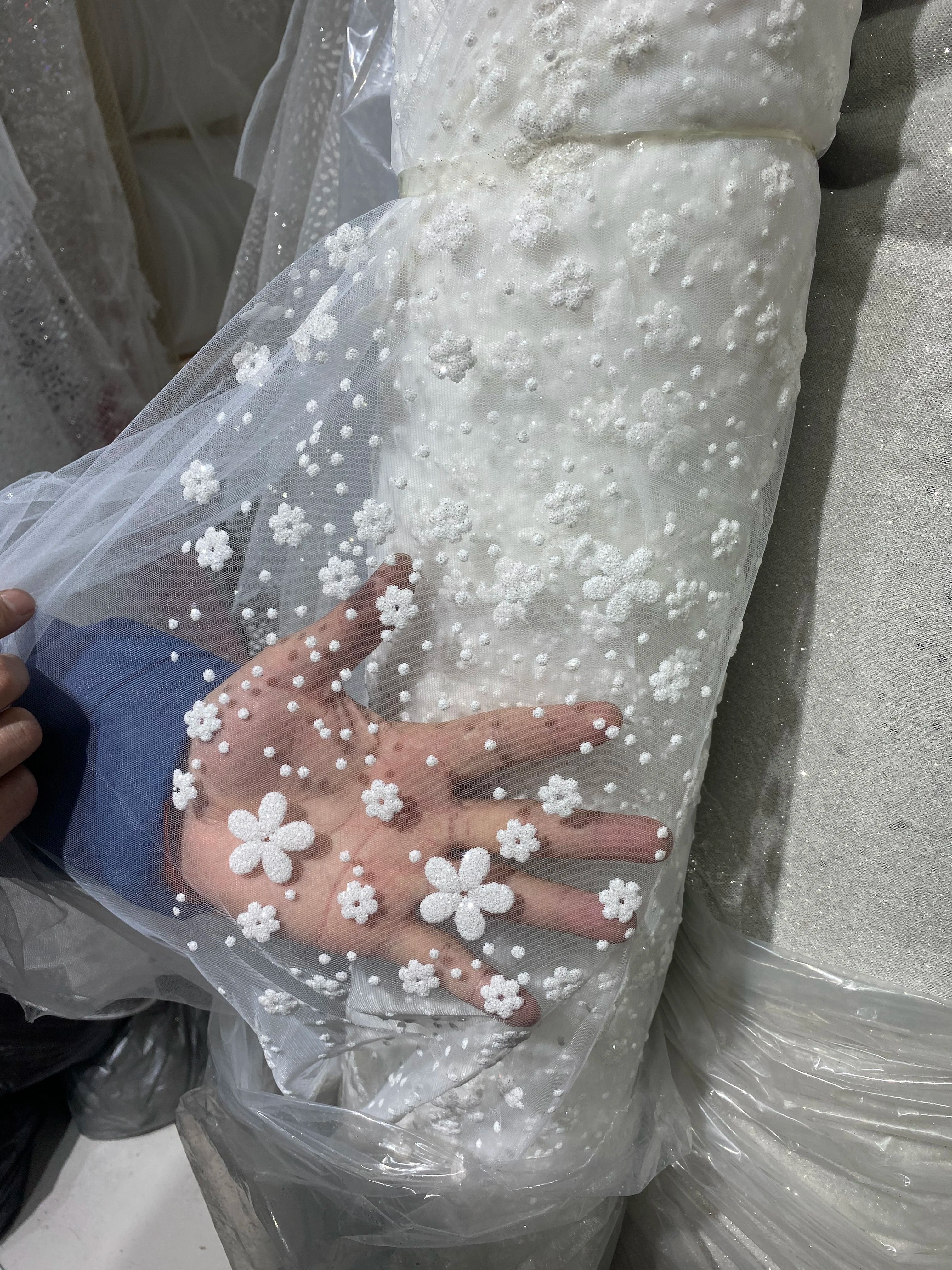 Renewal 3D Snowflake Flower Glitter Silver Spray Transparent Tulle Fabric for Home Decor Wedding Dress Making