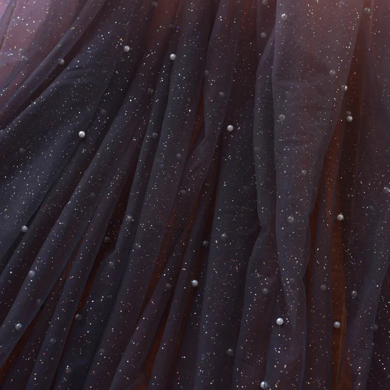 غزل سماء مرصعة بالنجوم متدرج الألوان، ختم ساخن، رش مسحوق، نسيج شبكي لامع ذهبي، غزل شفاف، قماش فستان، قماش