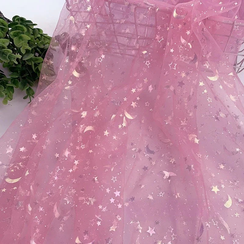 Dreamy Mesh Fabric For Children In Princess Style With Colored Star And Moon Printed Pattern Suitable For Wedding Dress Designer