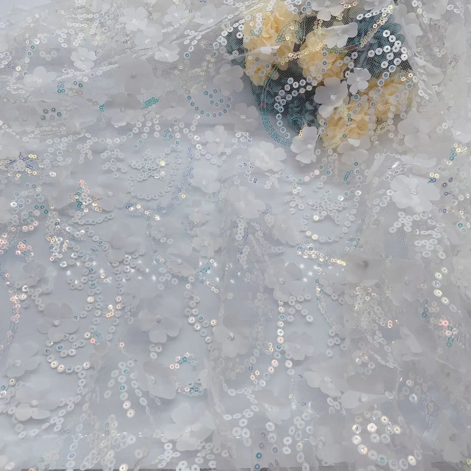 قماش تول فاخر مطرز بترتر ثلاثي الأبعاد مع تصميم زهور، مناسب لفساتين الزفاف والأزياء المسرحية