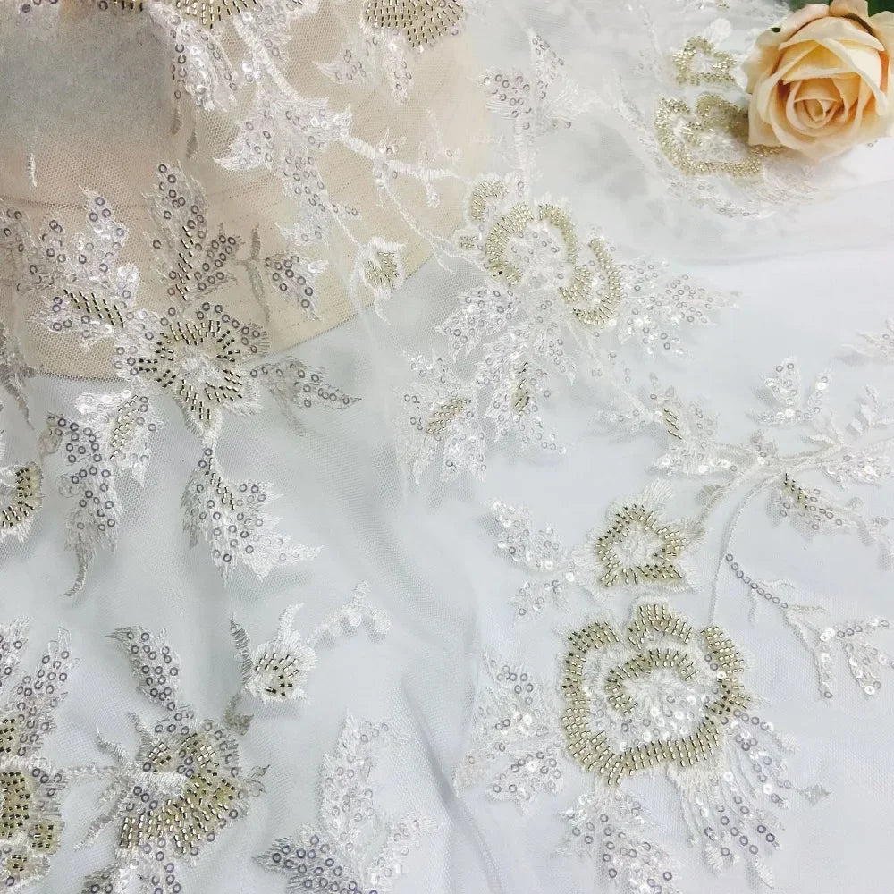 New Sequined Rose Bead Tube Embroidery Fabric, High-end Heavy Industry Multi-color Wedding Dress Bead Mesh Fabric Stoff Tessuto