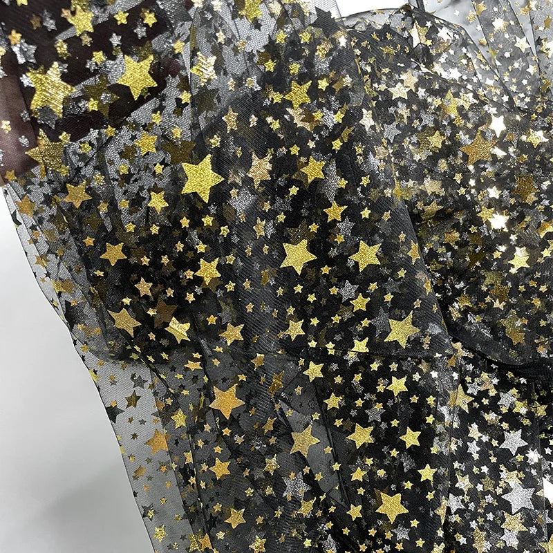 Premium Pentagram Hot Stamping Mesh Fabric for Stage Outfits, Dresses, Christmas Holiday Designs, and DIY Handmade Crafts