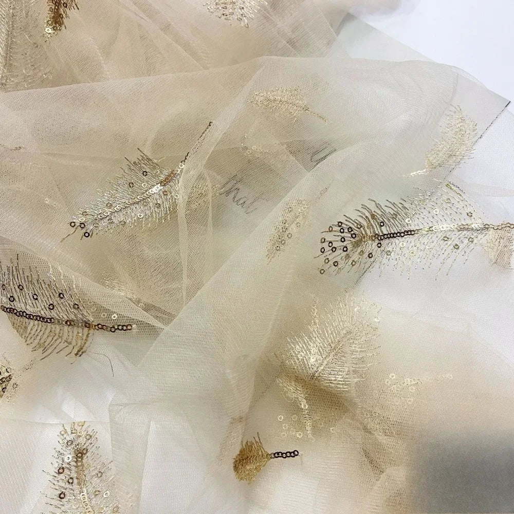 Bead Embroidered Flower Cloth In Stock, Long Spike Champagne Gold Feather Light Childr Gauze Skirt, Lace Mesh Embroidered Fabric