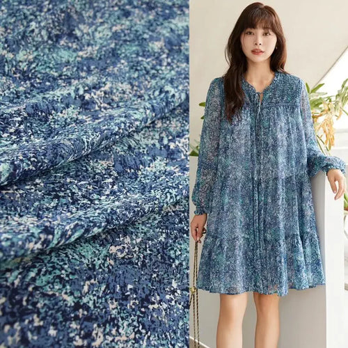 Blue-Green Abstract Floral Pearl Chiffon Printed Fabric - Dress Shirt Material 145cm - fabric photo 1