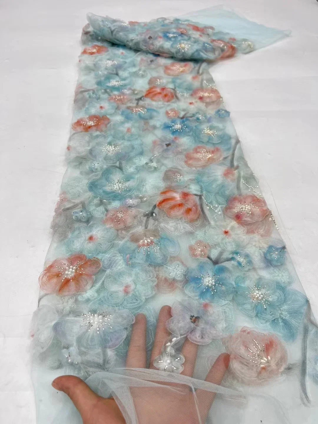 3D Ribbon Embroidered Beaded Flower Mesh - Evening Gown Tulle Fabric