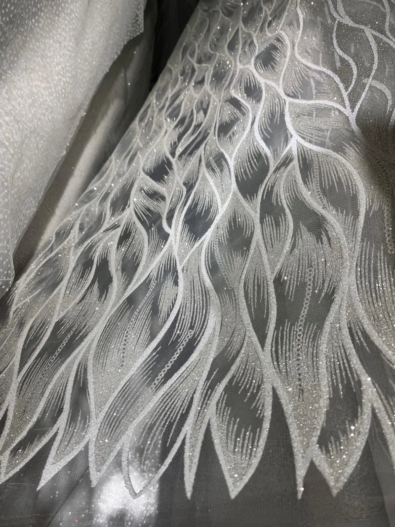 Tela de encaje de malla brillante de lujo con tul bordado de ondas plateadas brillantes para vestido de noche, material de costura DIY