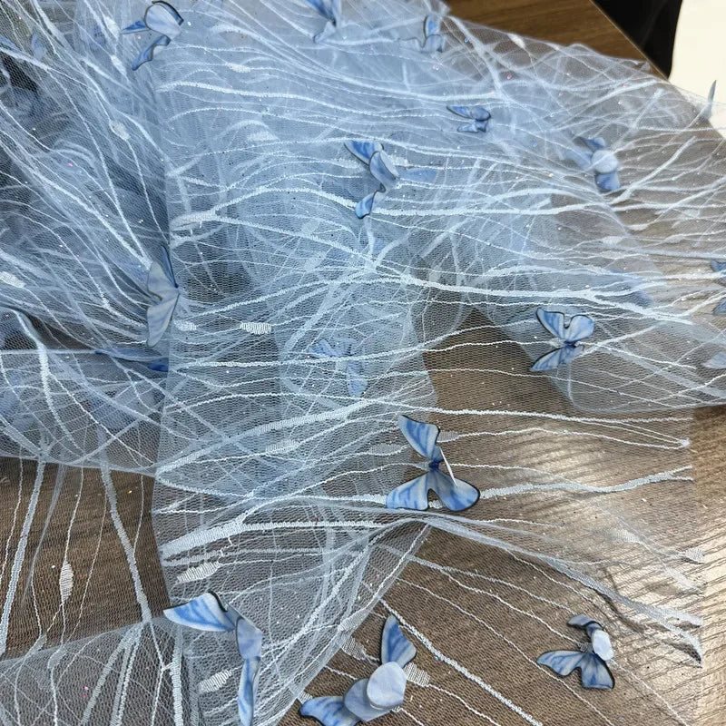 Tela de malla bordada con encaje de mariposa 3D, tela transparente colorida para vestido de novia, velo, decoración de escenario