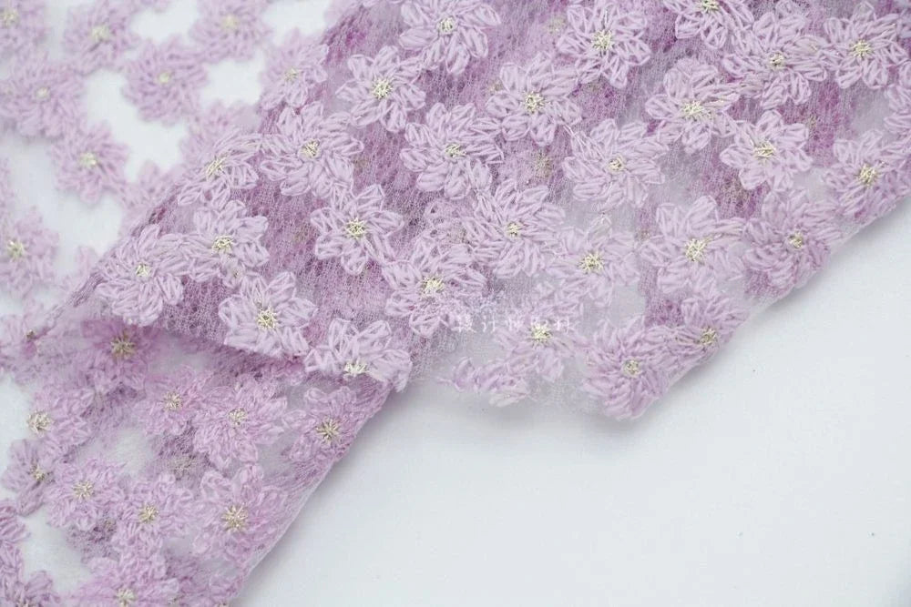 Violet Orchid Star Net Fabric With Gold Silk Thread Purple Rose Embroidered Lace Fabric For Dress DIY Cheongsam Gown Decoration