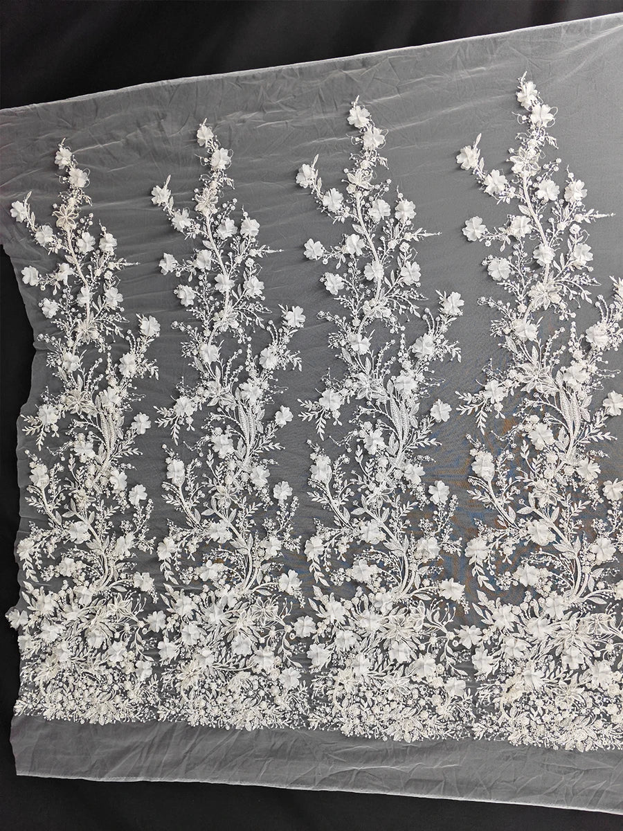 Tela con bordado de encaje, para vestido de novia, velo, cortina de puerta, mantel, con cuentas de perlas y flores de hoja nueva