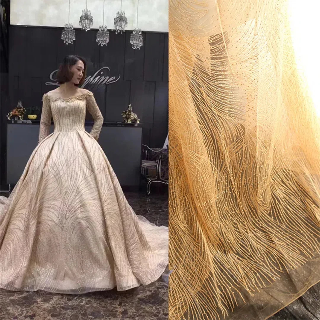 Tela de sarga con bordado aleatorio de encaje y lentejuelas para vestido de novia, hecha a mano, tela decorativa DIY, diseño de graduación, decoración