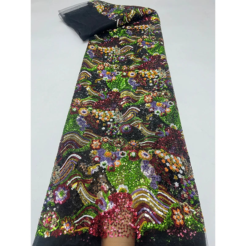 mesh fabric, retro color bead, landscape painting, flower pattern, sequin embroidery fabric, formal dress, qipao dress