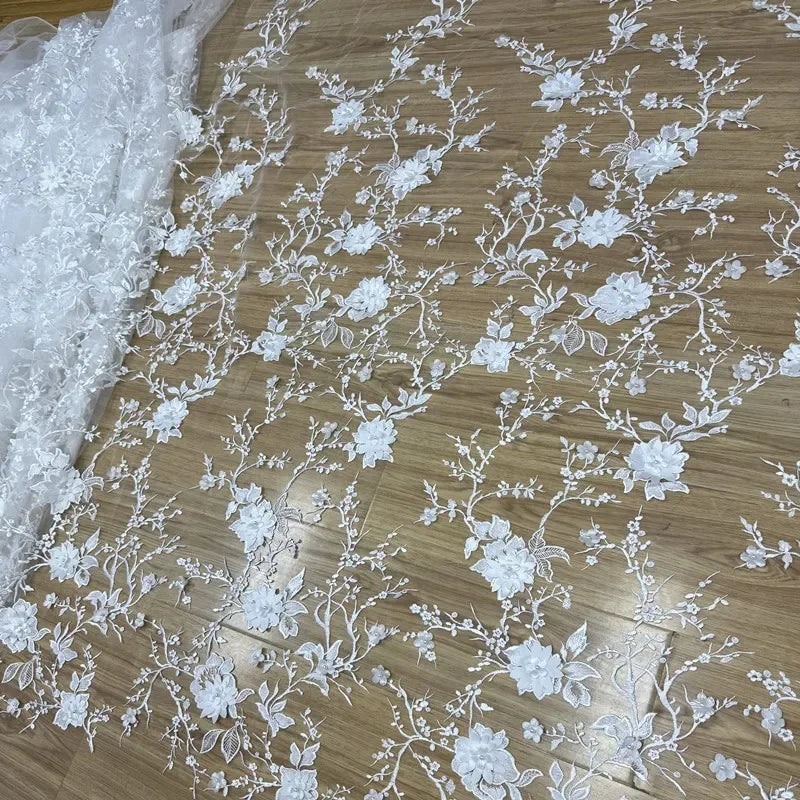 New Three-dimensional White Flower Bead Transparent Mesh Embroidery Lace Fabric Sewing Wedding Dress And Evening Dressdecoration