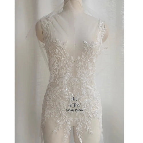 Beaded Leaf Flower Lace Applique - Elegant for Wedding Dress Bodice - fabric photo 1