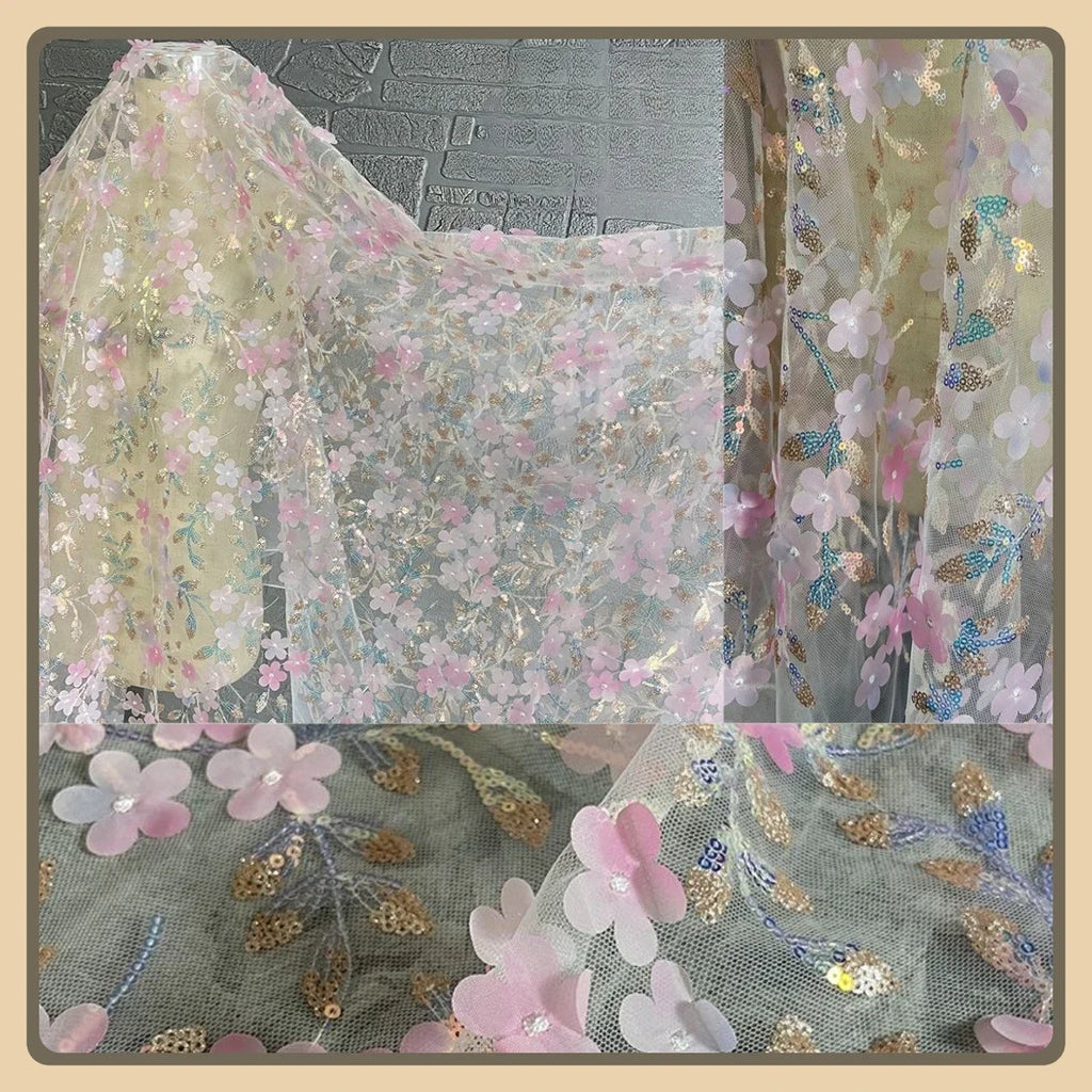 Tela de red bordada con flores 3D rosas y lentejuelas para vestido de novia, cheongsam, ropa hecha a mano, material de bordado de encaje
