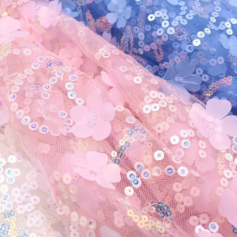 قماش تول فاخر مطرز بترتر ثلاثي الأبعاد مع تصميم زهور، مناسب لفساتين الزفاف والأزياء المسرحية