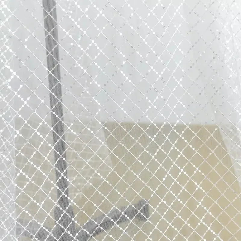 White Size Grid Glitter Embroidery Lace Fabric for Wedding Dress DIY Handmade Material