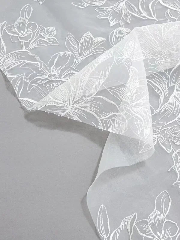 White Lily Embroidered Chiffon Lace Fabric - Elegant Material 130cm