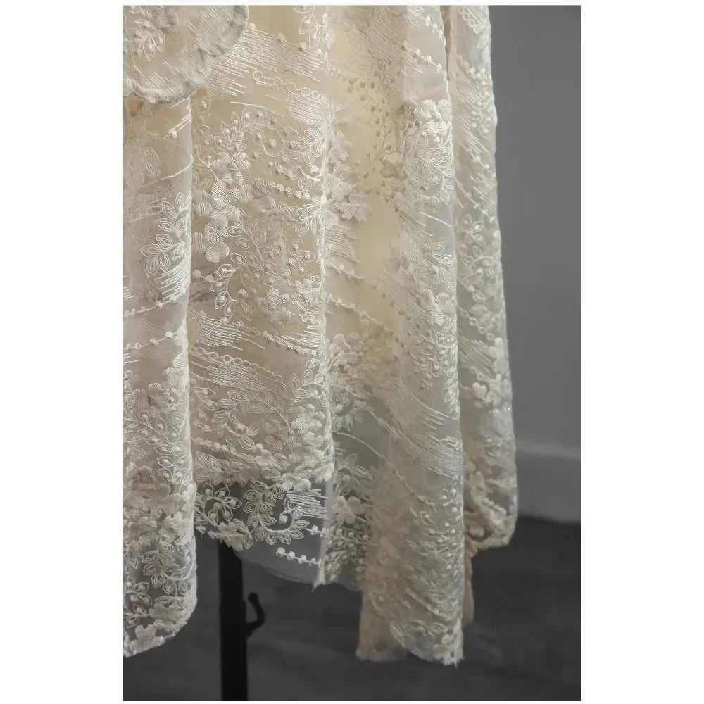 قماش تول مطرز من الدانتيل بلون بيج مورنينغ جلوري، شفاف متدرج اللون، مناسب لفساتين الزفاف، فستان العروس، نسيج كوتور فرنسي