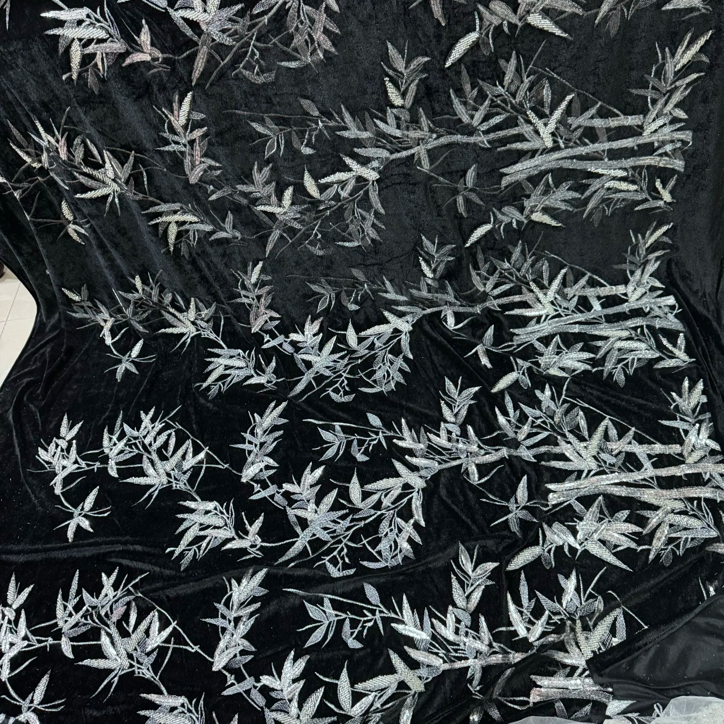 Luxurious 3D Embellished Velvet Sequin Fabric for Evening Wear