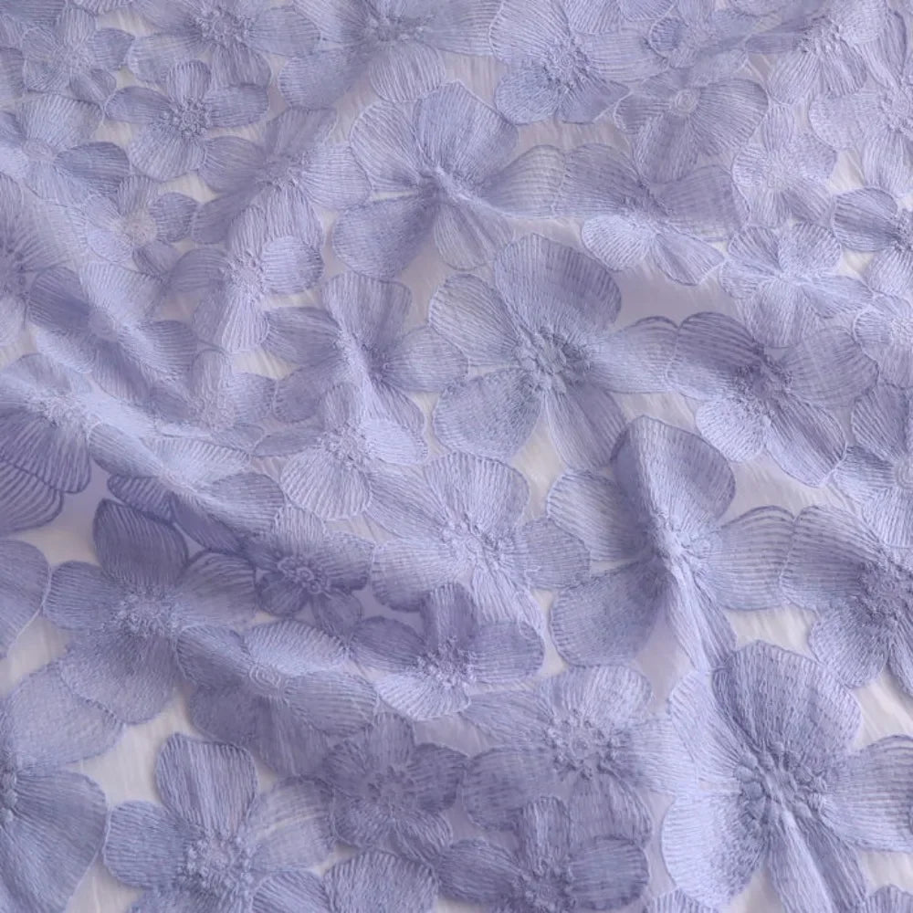 Pure Cotton Mesh Embroidered Fabric With Violet Chrysanthemum Design For Kids Dress Soft Cotton Yarn Material DIY Sewing Craft