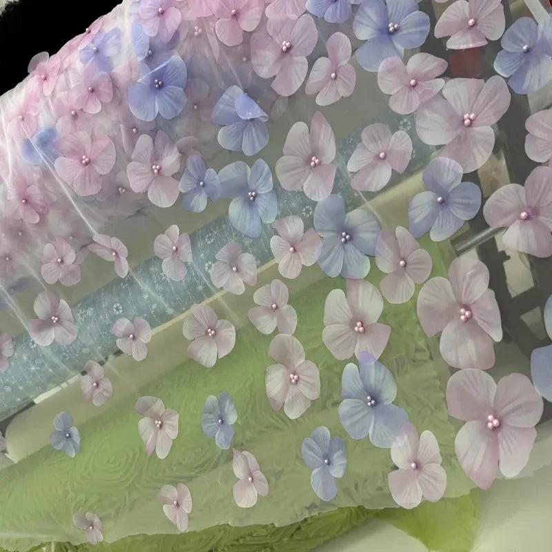 Dreamy Gradient 3D Floral Pearl Mesh Fabric Colorful Embroidered Tulle Soft Sheer Material For Bridal Dress Stage Decoration DIY