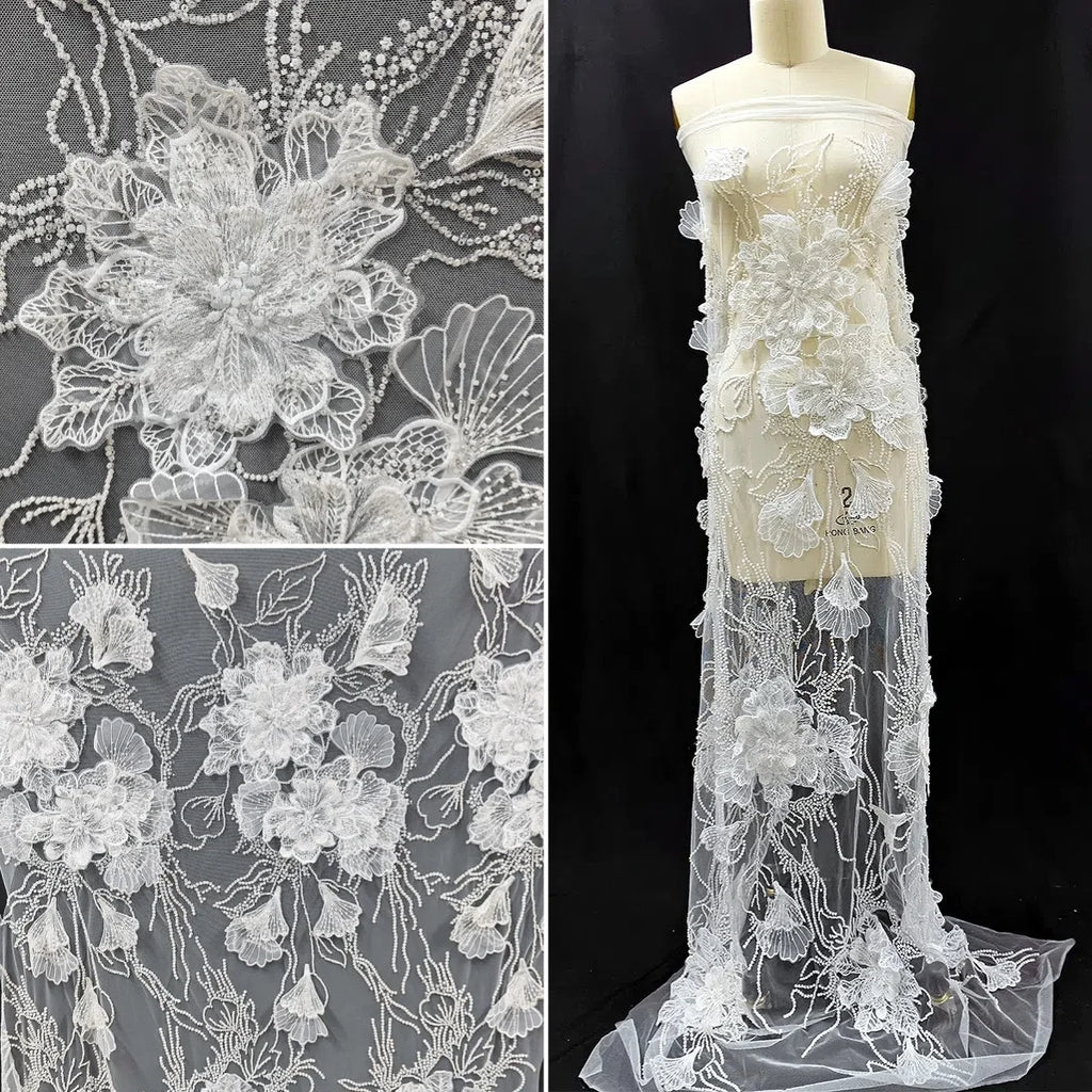 Bordado de cuentas de encaje con hilo floral 3D, color blanco crudo, hecho a mano, para vestido de novia, vestido de noche, tocado, accesorio, material