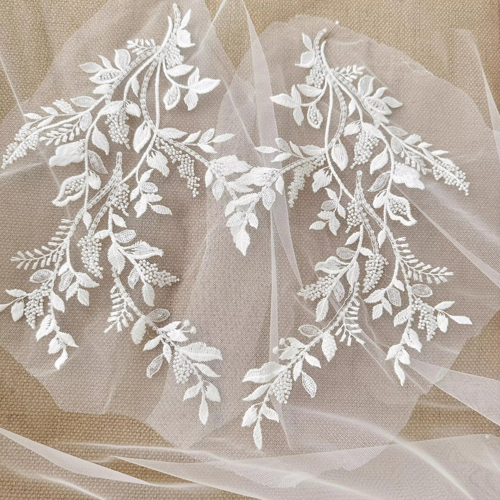 زوج من خيوط قطنية عالية الجودة مخصصة مطرزة بالترتر وشبكة زهور ودانتيل مطرز وإكسسوارات خياطة الحجاب الزهري