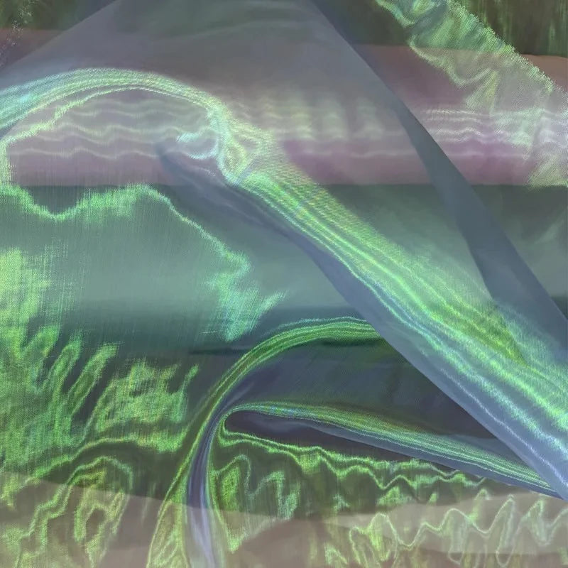Tela de tul iridiscente con degradado de sirena única en rosa, azul y arcoíris, brillante y transparente, para decoración de vestidos de novia.