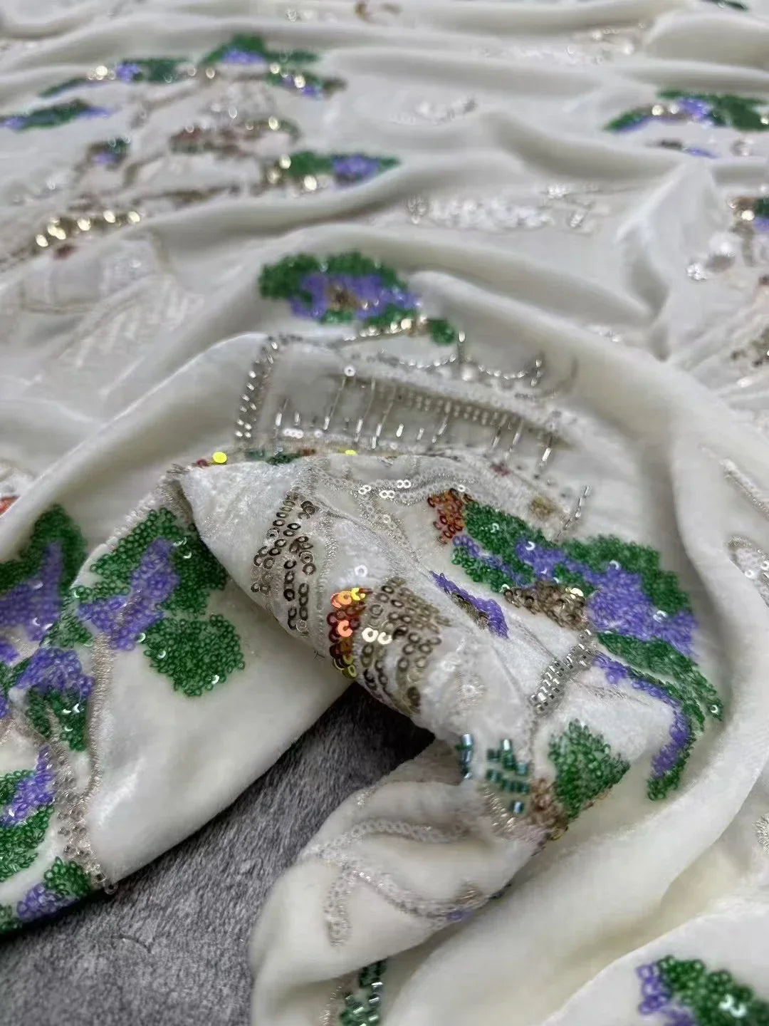 Exquisite Silk Velvet Sequin Beaded Embroidered Fabric - Jacket Designer Sewing