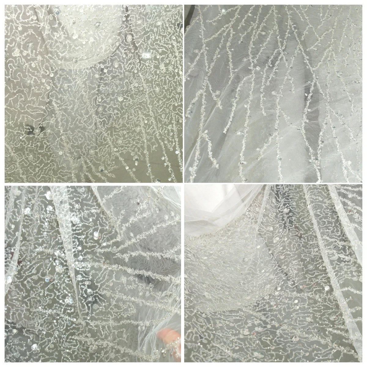 Luxury Sequin Beaded Lace Mesh Fabric Shiny Silver Embroidery Tulle for Wedding Dress Gown Costume DIY Couture Craft