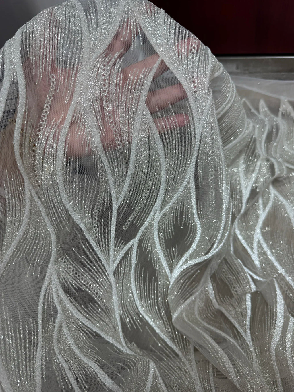 Tela de malla con polvo plateado en aerosol con purpurina y ondas de perla para coser vestidos de novia y vestidos de noche, tela decorativa.