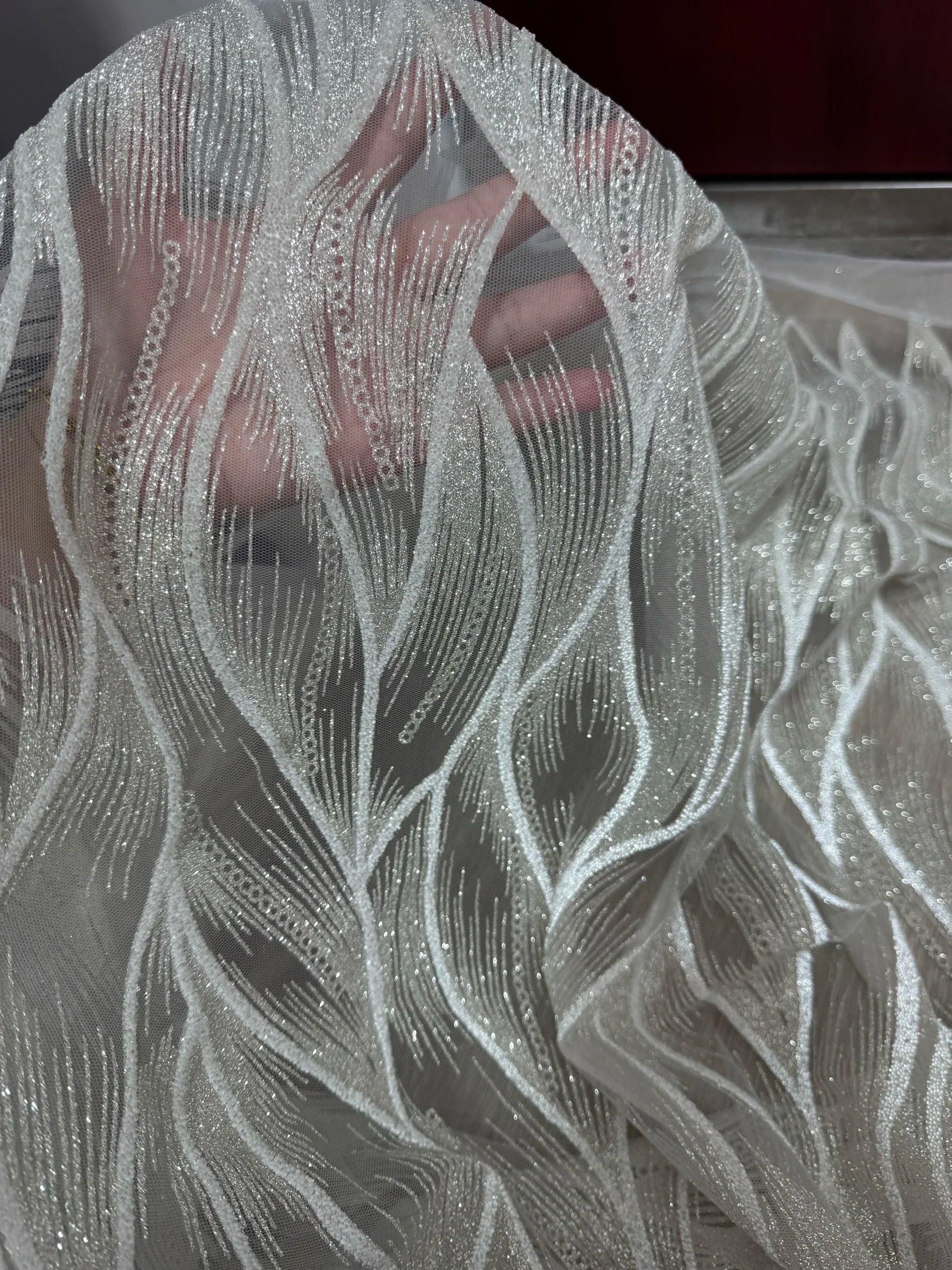 Tela de malla con polvo plateado en aerosol con purpurina y ondas de perla para coser vestidos de novia y vestidos de noche, tela decorativa.