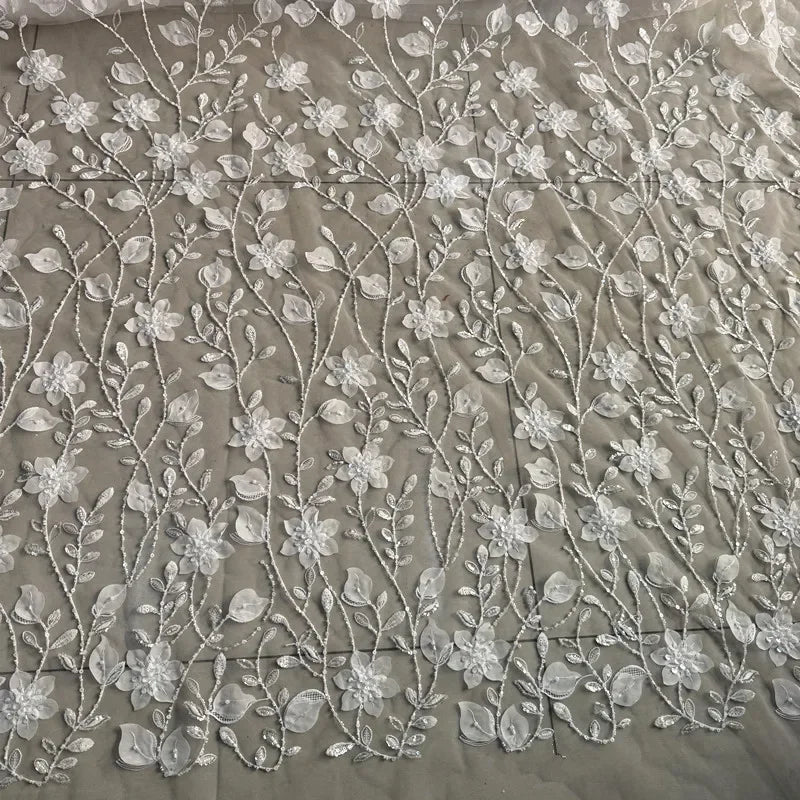 Deluxe Embroidered Lace Fabric - Sequins Beads Leaf Petal Wedding Material