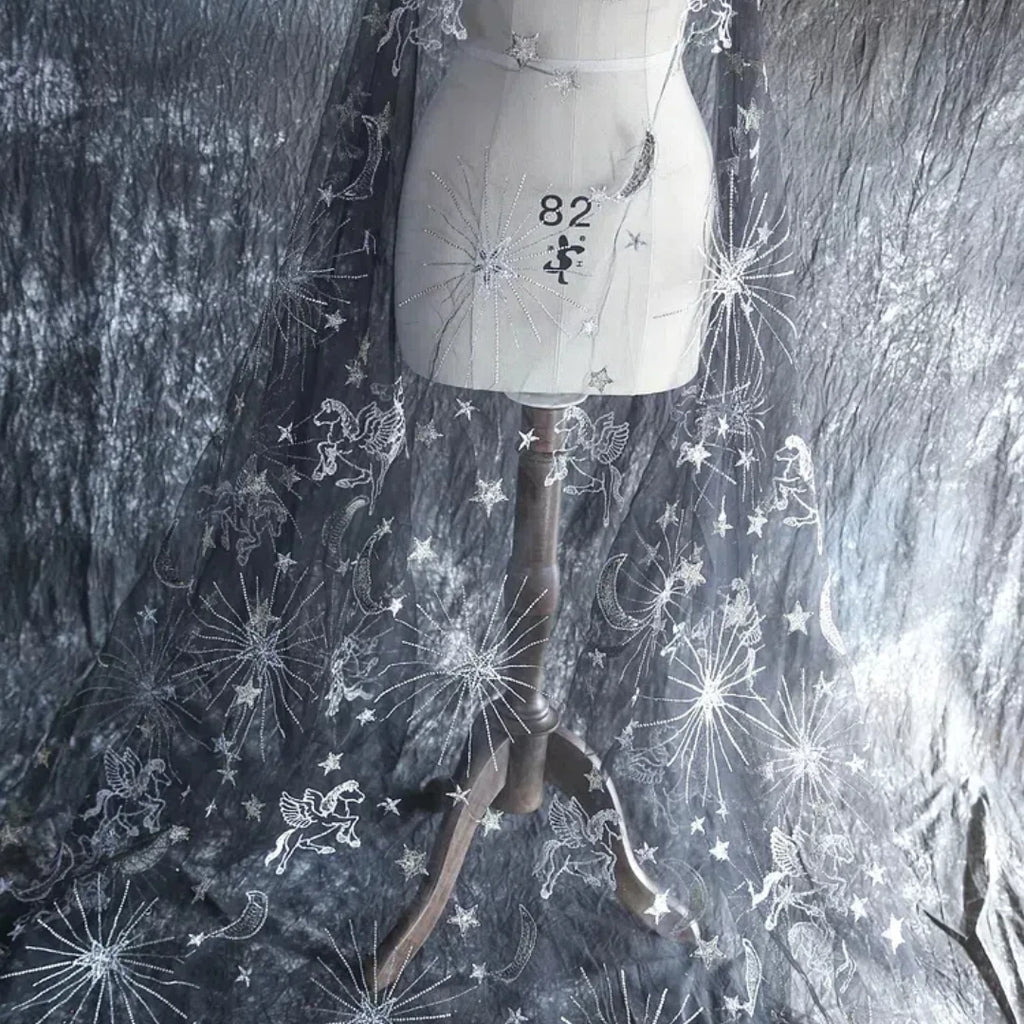 Tela de encaje bordada de malla transparente Tianma para vestido de novia, decoración de vestido, material de tela DIY hecho a mano, color negro