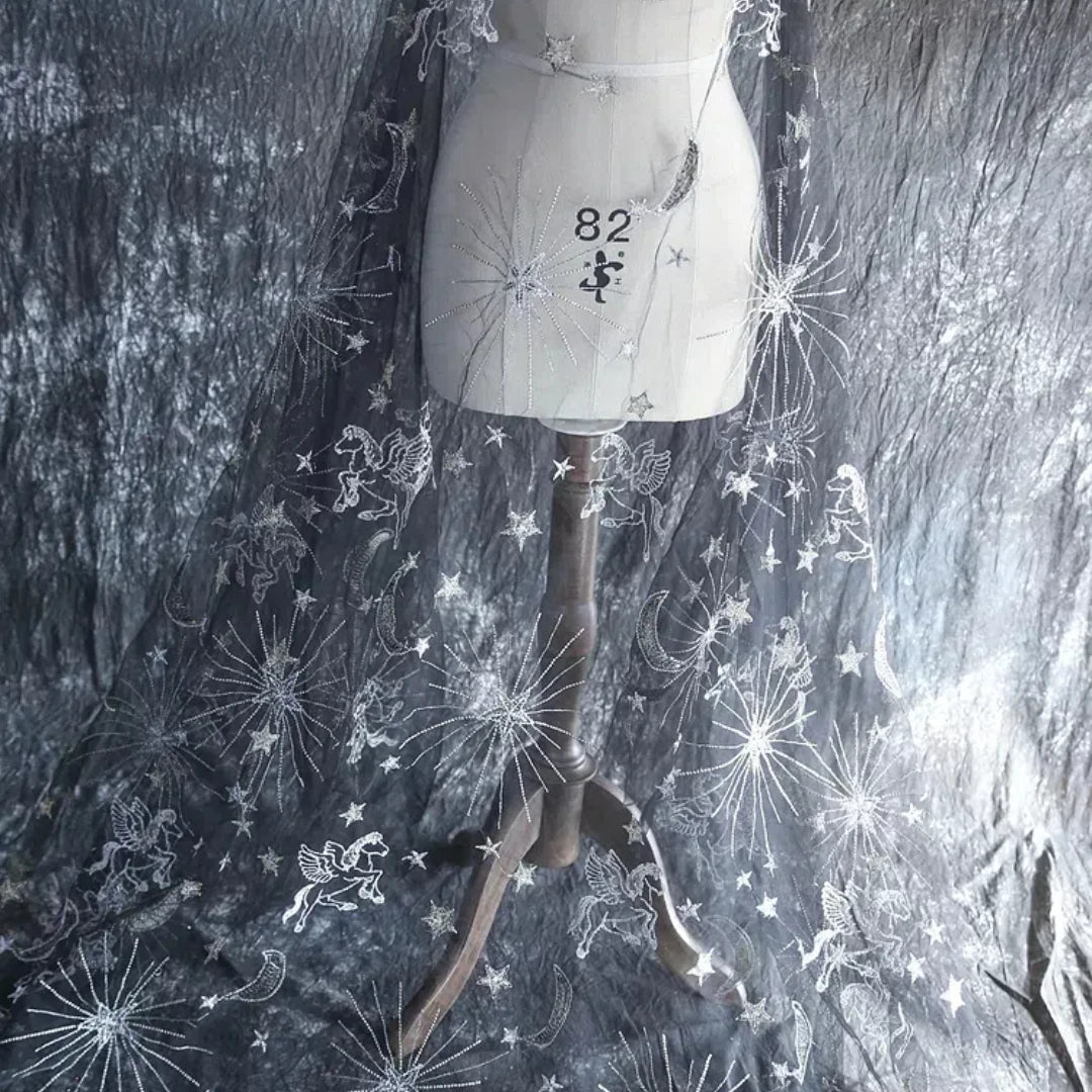 Tela de encaje bordada de malla transparente Tianma para vestido de novia, decoración de vestido, material de tela DIY hecho a mano, color negro