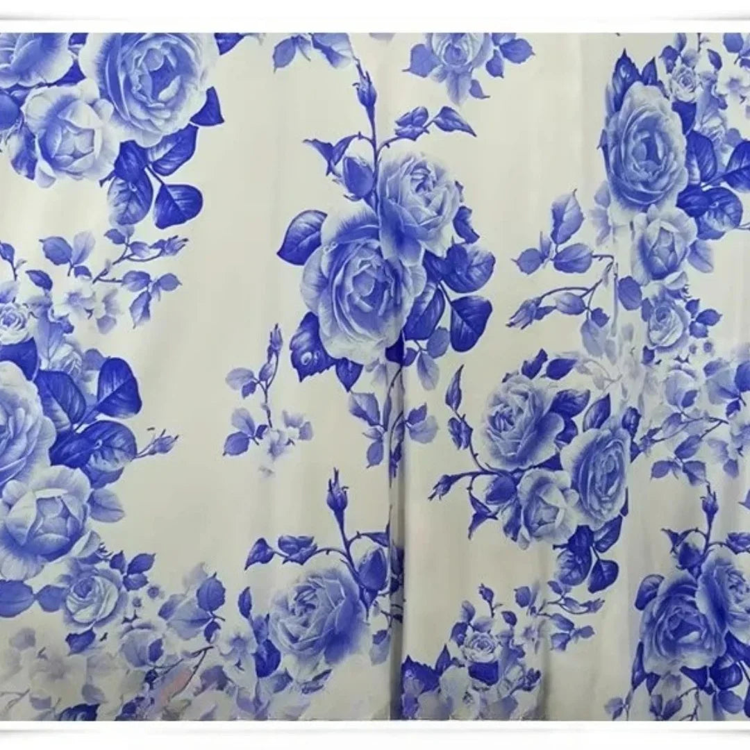 Blue Rose Embroidered Silk Fabric - Porcelain for Evening Gowns & Shawls