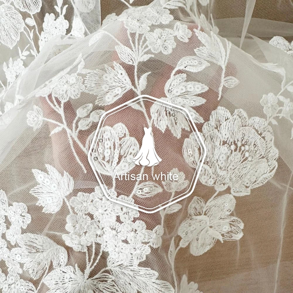 قماش دانتيل مطرز بخيوط قطنية من الترتر البيج مخصص، إكسسوارات دانتيل شبكية، فستان حجاب زفاف، اصنعها بنفسك