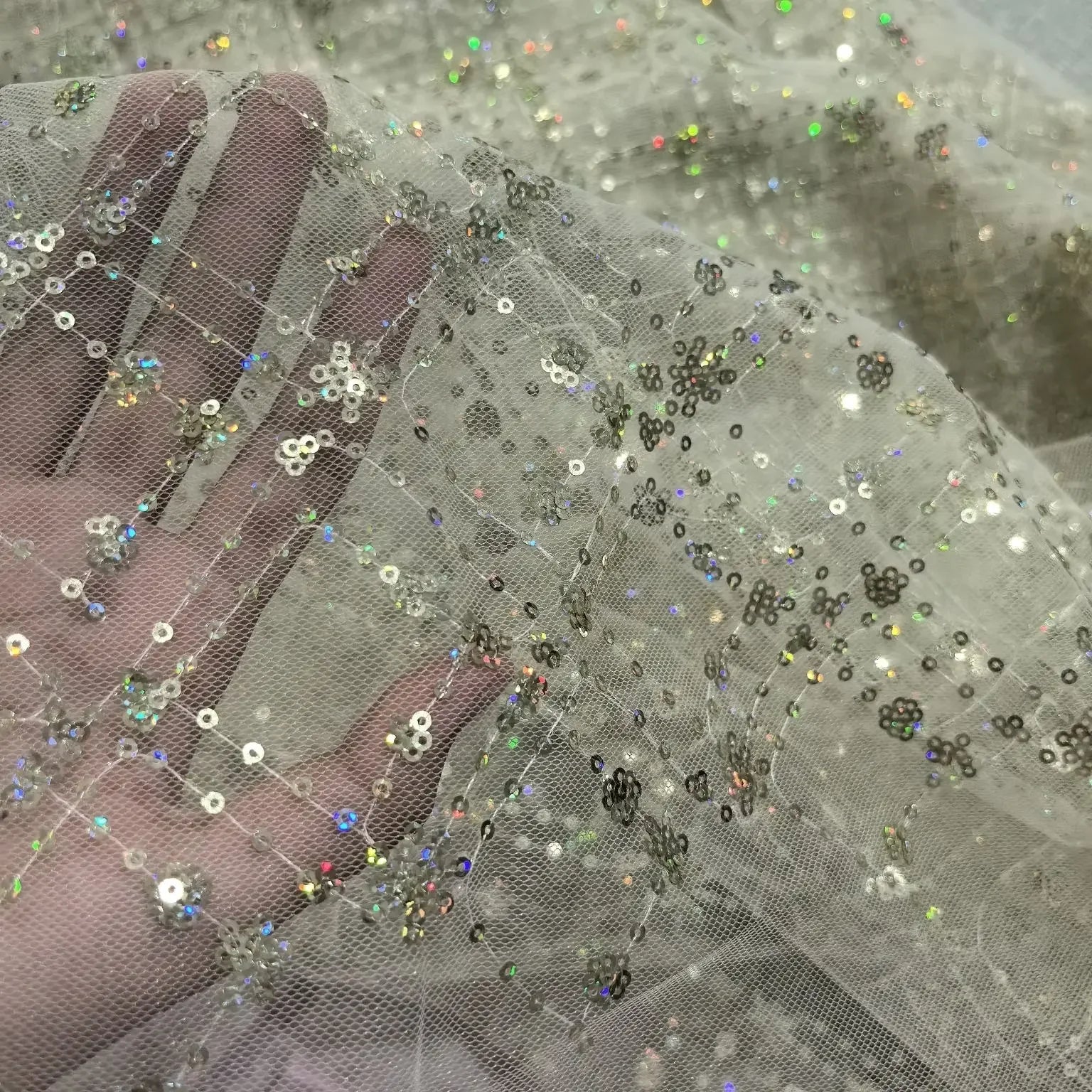 Crystal net lace iridescent silver glitter fabric for princess dress shiny embroidery bright silk mesh fabric for  costume DIY