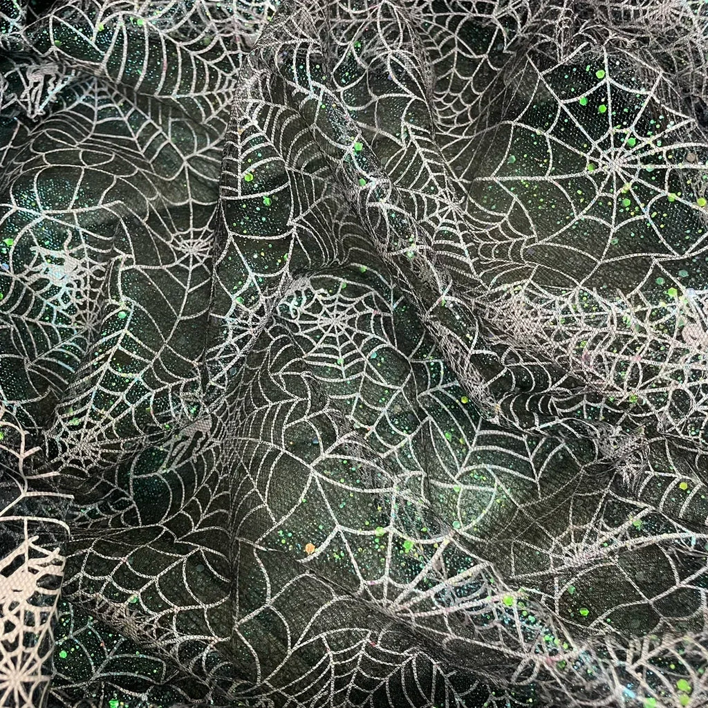 Tela de araña de malla transparente con estampado en caliente para Halloween, costura de ropa infantil, decoración de ambientes DIY