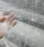 مسحوق الفضة الساخن، رذاذ الفضة، مسحوق بريق ناعم، فستان زفاف منقوش بشبكة من الدانتيل، الطبقة السفلية، قماش شبكي شفاف لامع