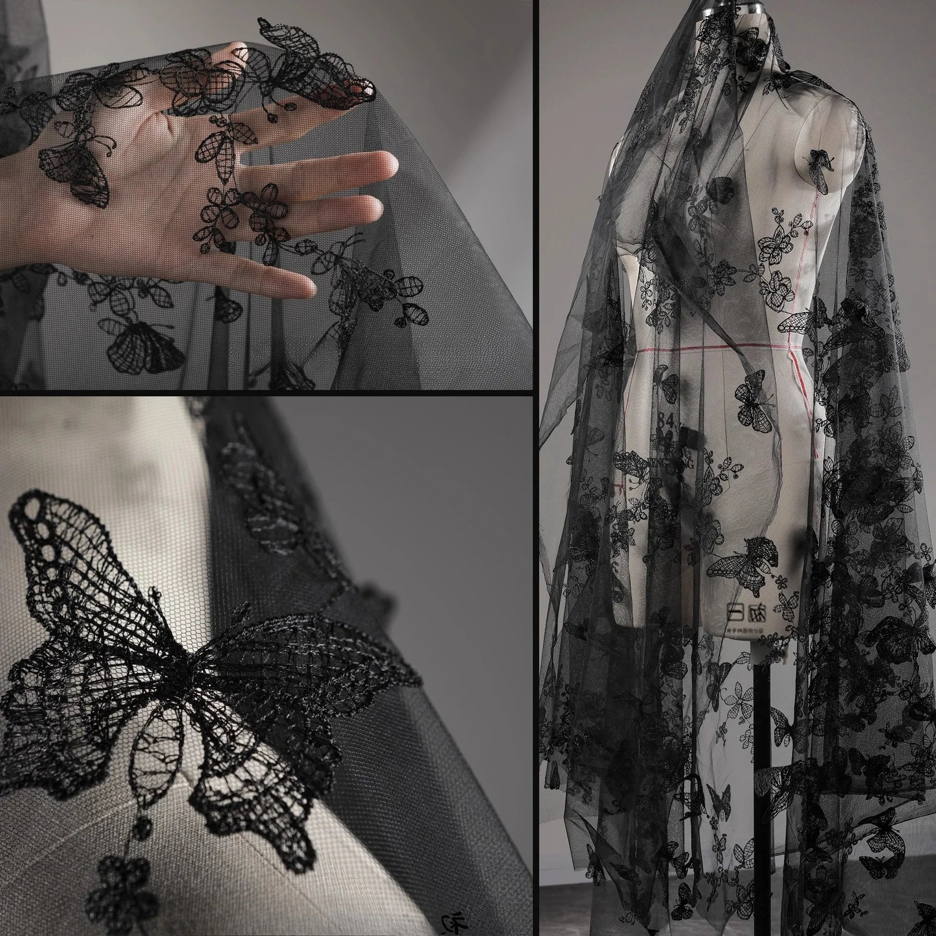 قماش شبكي مطرز يدويًا على شكل فراشة من الدانتيل الزهري ثلاثي الأبعاد لفساتين الزفاف، مادة حرفية للخياطة الإبداعية