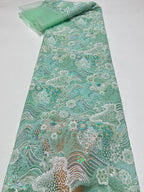 mesh fabric, retro color bead, landscape painting, flower pattern, sequin embroidery fabric, formal dress, qipao dress