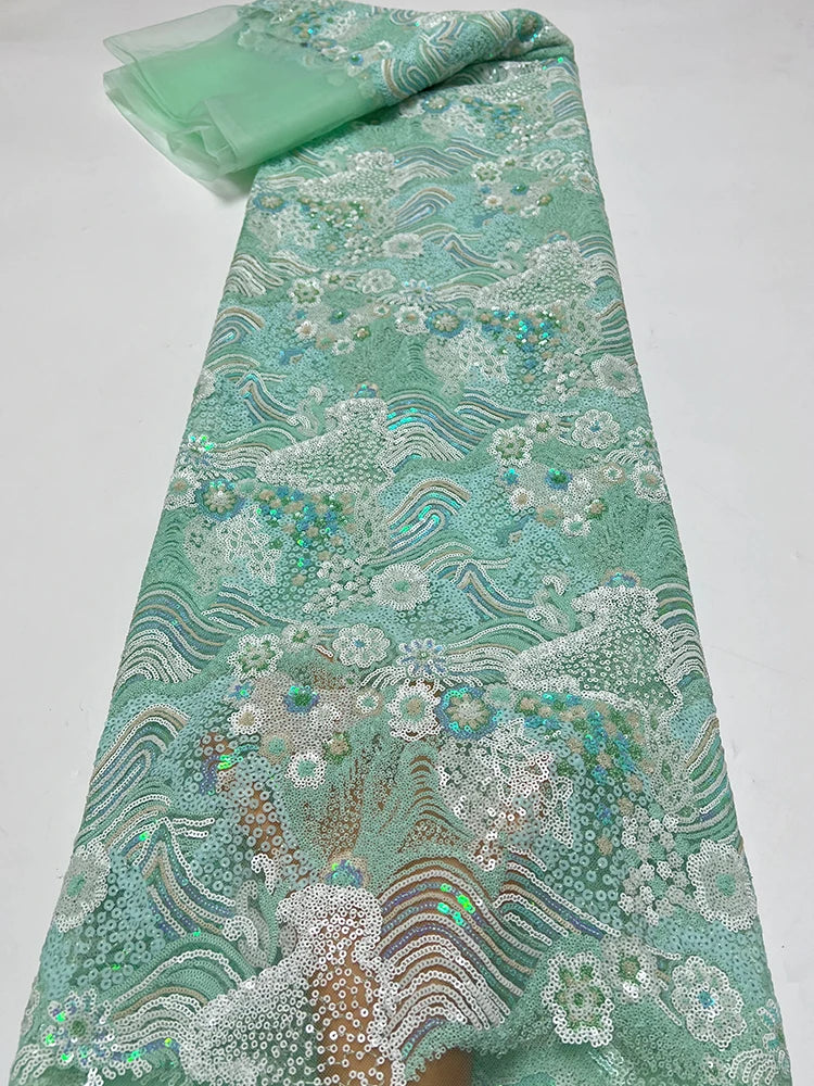 mesh fabric, retro color bead, landscape painting, flower pattern, sequin embroidery fabric, formal dress, qipao dress