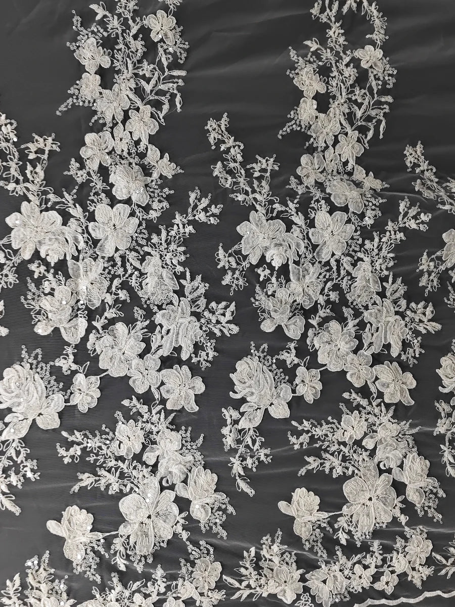 قماش دانتيل مطرز بالترتر الفاخر الرائع، قماش دانتيل على شكل أوراق الزهور، خياطة حجاب الزفاف، فستان السهرة، قماش مصمم يدويًا