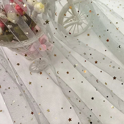 Tela de malla suave de gasa de estrellas y lunas para coser vestidos de novia, vestidos de muñecas, decoración de bodas, accesorios para el cabello, tela decorativa DIY