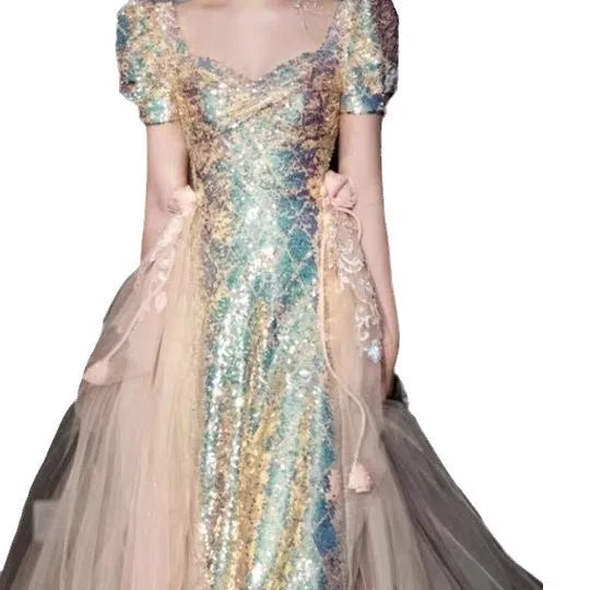 New Diamond Shaped Sequin Lace Fishtail Dress Clothing With Special Lace Sequin Fabric, Super Sparkling Lace Sequin Fabric