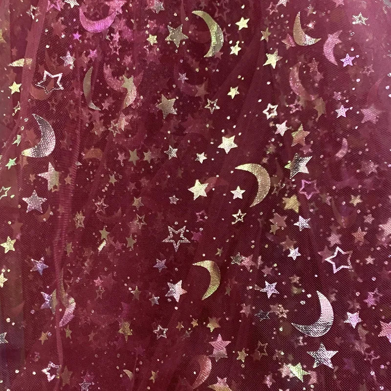 Dreamy Mesh Fabric For Children In Princess Style With Colored Star And Moon Printed Pattern Suitable For Wedding Dress Designer