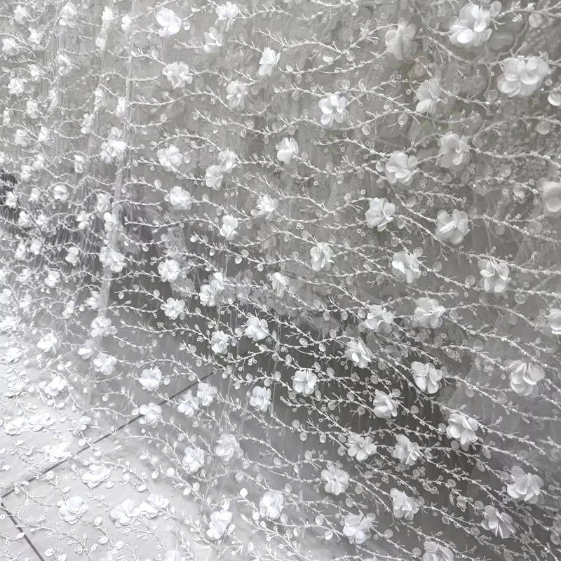 قماش دانتيل فرع ثلاثي الأبعاد - خرز زهور مخملي مطرز بالترتر وشبكة