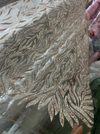 Champagne Colored Hot Pressed Gold Shiny Leaf Shaped Wedding Dress Fabric With Rhinestone Light Coffee Lace Mesh
