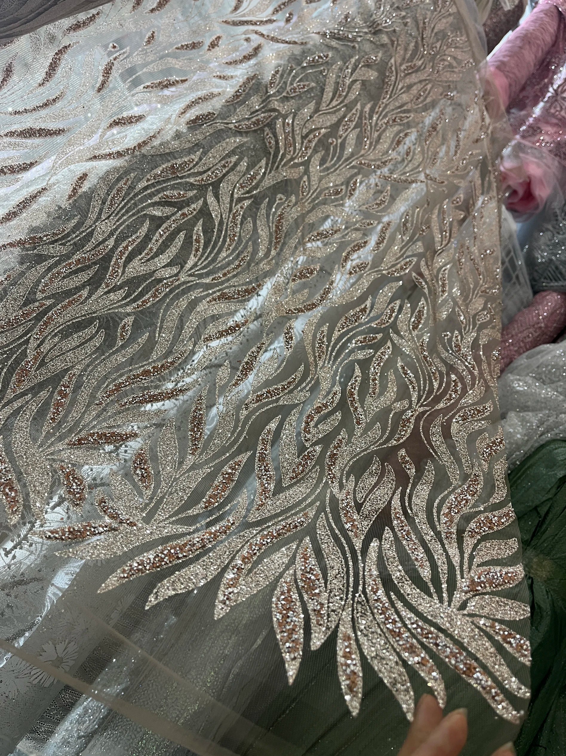 Champagne Colored Hot Pressed Gold Shiny Leaf Shaped Wedding Dress Fabric With Rhinestone Light Coffee Lace Mesh